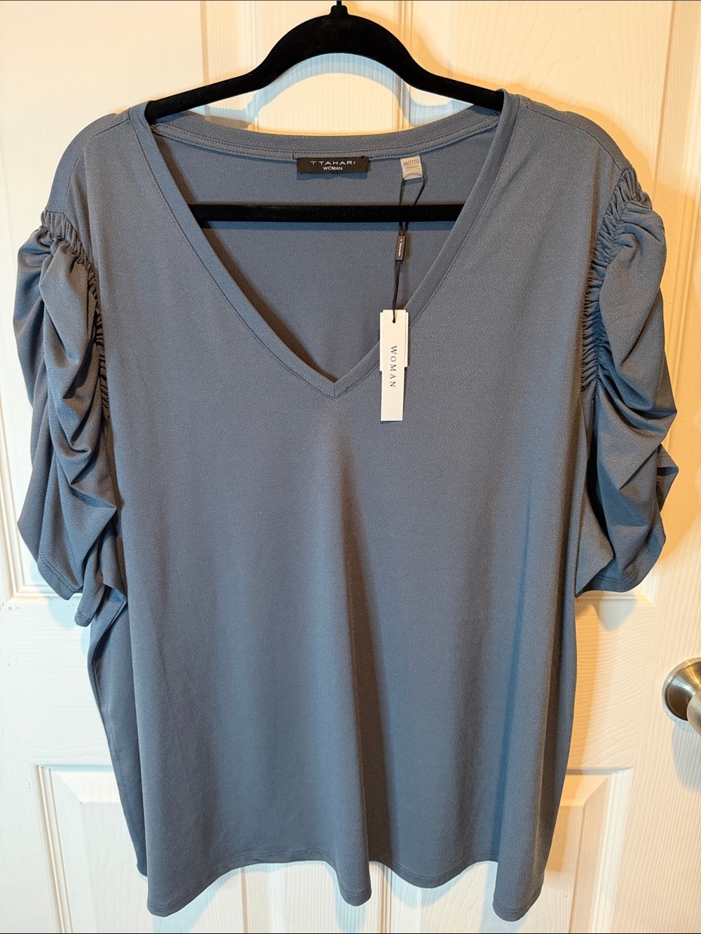 Woman TTahari Within Slate Blue V-Neck Ruched Short Sleeve Top